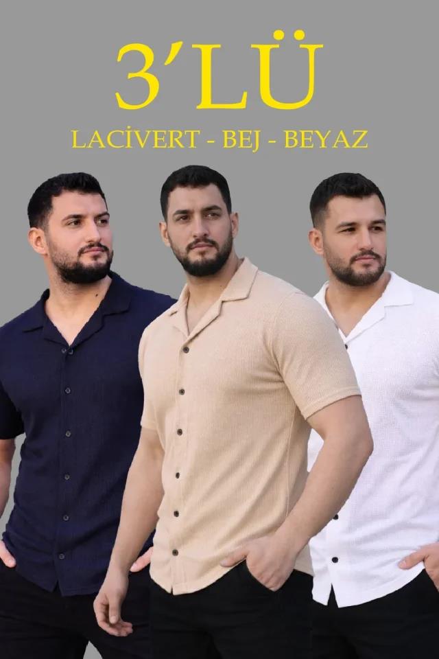 Erkek Waffle Dokuma Açık Yakalı Düğmeli Regular Kalıp 3’lü Gömlek Seti - Bej, Beyaz, Lacivert