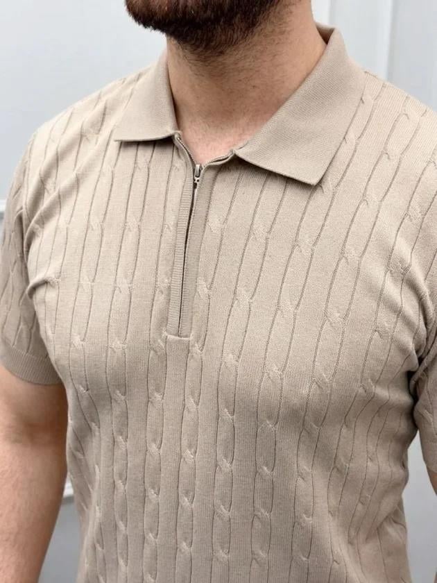 Erkek Yazlık Triko Saç Örgü Tişört Kısa Kol Polo Yaka Fermuarlı T-Shirt - Bej