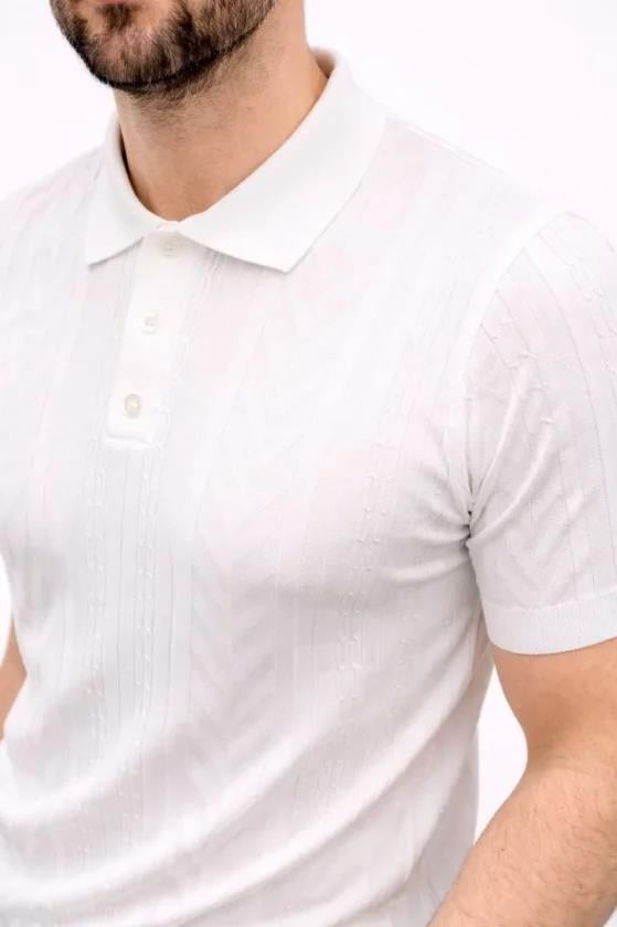 Erkek Yazlık Triko Tişört Kısa Kol Polo Yaka Düğmeli T-Shirt - Beyaz