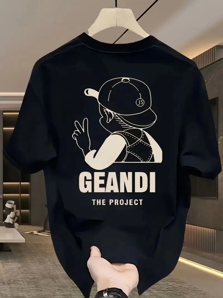 Geniş Kesim Pamuklu Tişört - GANDHI The Project Baskılı, Siyah, Rahat Kesim, Kısa Kollu, Günlük Kıyafet, Her Gün Giyilebilecek Tişört- Siyah
