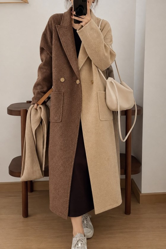 İki Renk Bloklu Düğmeli Uzun Kaşe Astarsız Kaban