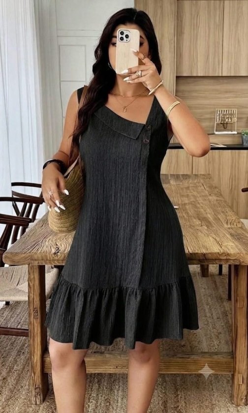 Kadın Kalın Askılı Asimetrik Yaka Etek Ucu Fırfır Detaylı Krınkıl Elbise