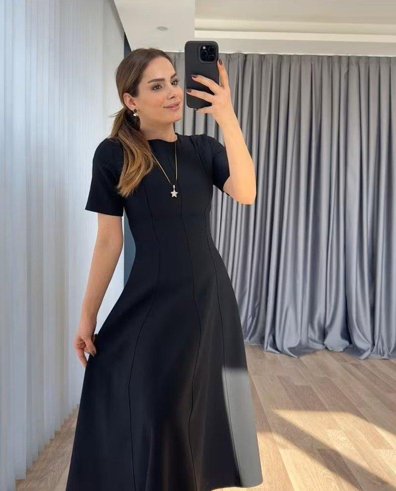 Kadın Kısa Kollu Bisiklet Yaka Maksi Boy Ithal Krep Elbise