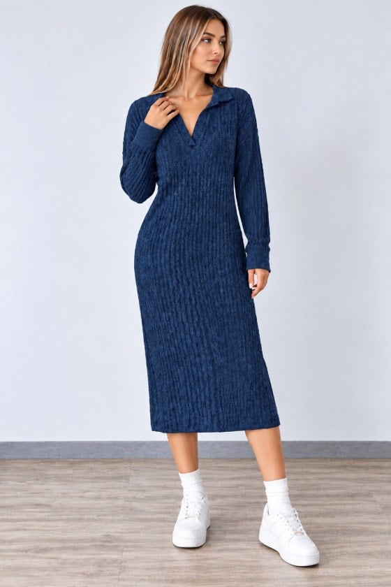 Kadın Polo Yaka Lacivert Uzun Kollu Midi Elbise