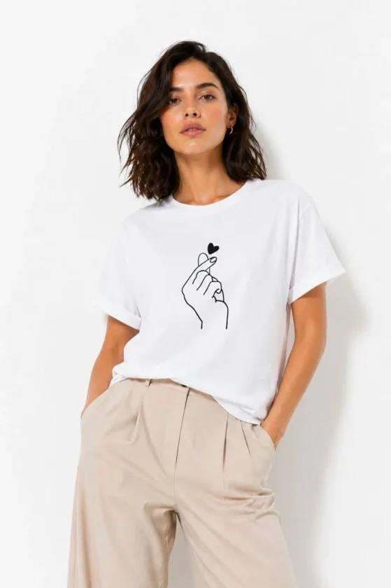 Kore Parmak Kalp Aşk Temalı Minimal Baskılı Tişört Yazlık Kısa Kol T-Shirt  - Beyaz