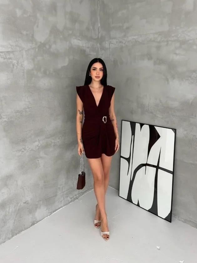 Kruvaze Drapeli Tokalı Mini Elbise Şık Gece Davet Abiye - Kahverengi