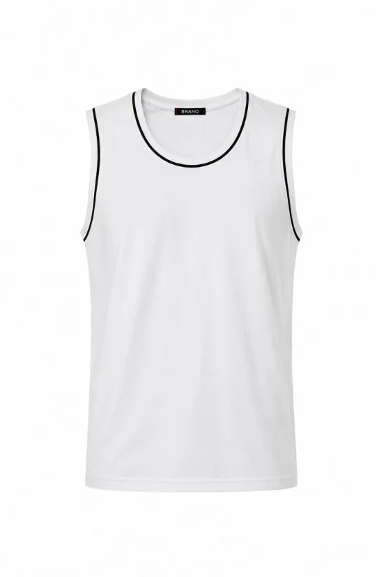 Ön Unisex Pamuklu Bisiklet Yaka Kolsuz Atlet Kontrast Biyeli Regular Fit - Beyaz