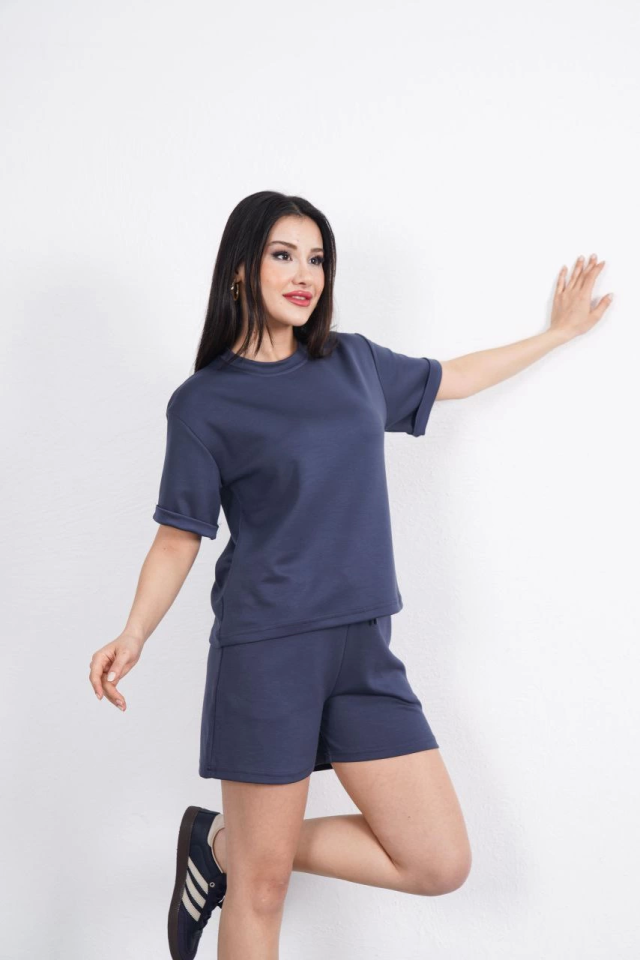 Osy Modal Yumuşak Dokulu Kumaş Bisiklet Yaka T-shirt Kısa Şort İkili Takım - Antrasit
