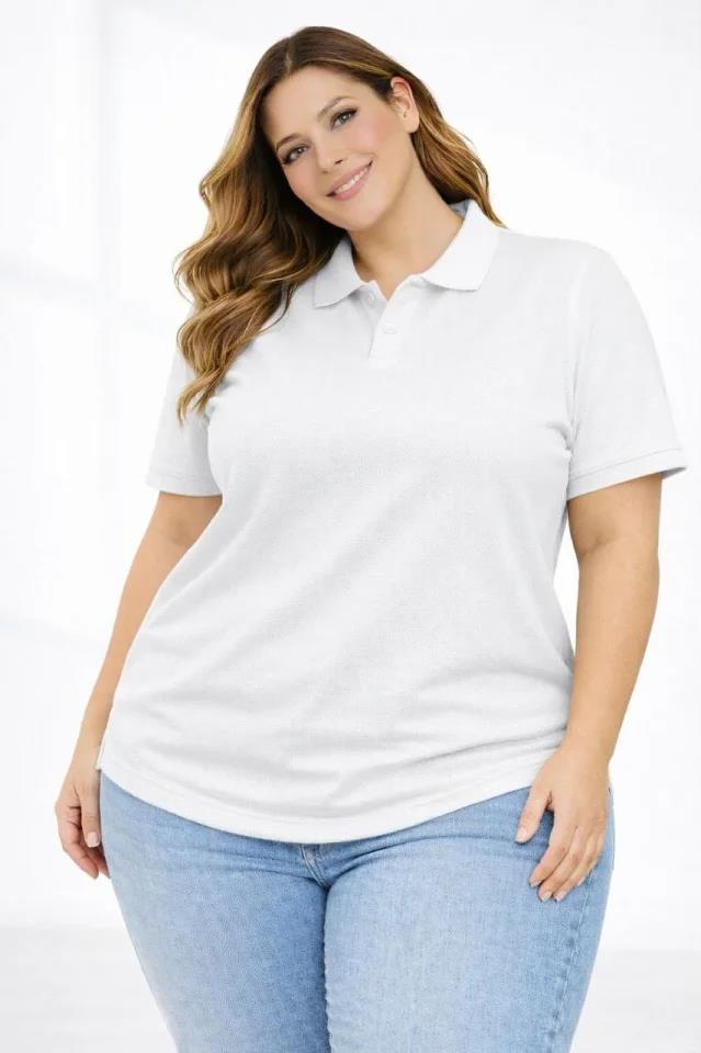 Pike Kumaş Düğmeli Yaka Battal Büyük Beden Günlük Kısa Kol Tişört T-shirt - Beyaz