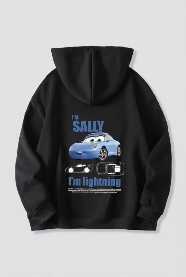 Sevgililer Günü Özel Kapüşonlu Araba Baskılı Oversize Sweatshirt - Siyah