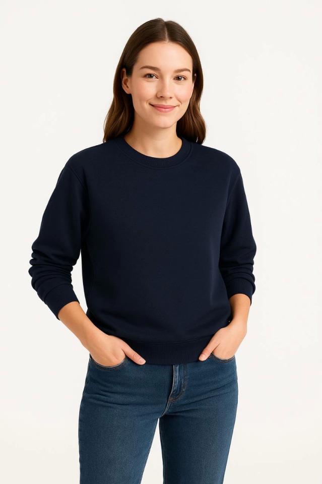 Üç İplik Düz Bisiklet Yaka SweatShirt - Lacivert