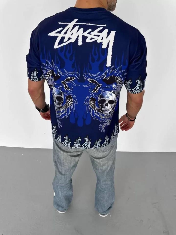 Unisex Bisiklet Yaka Baskılı Oversize T-Shirt - Siyah