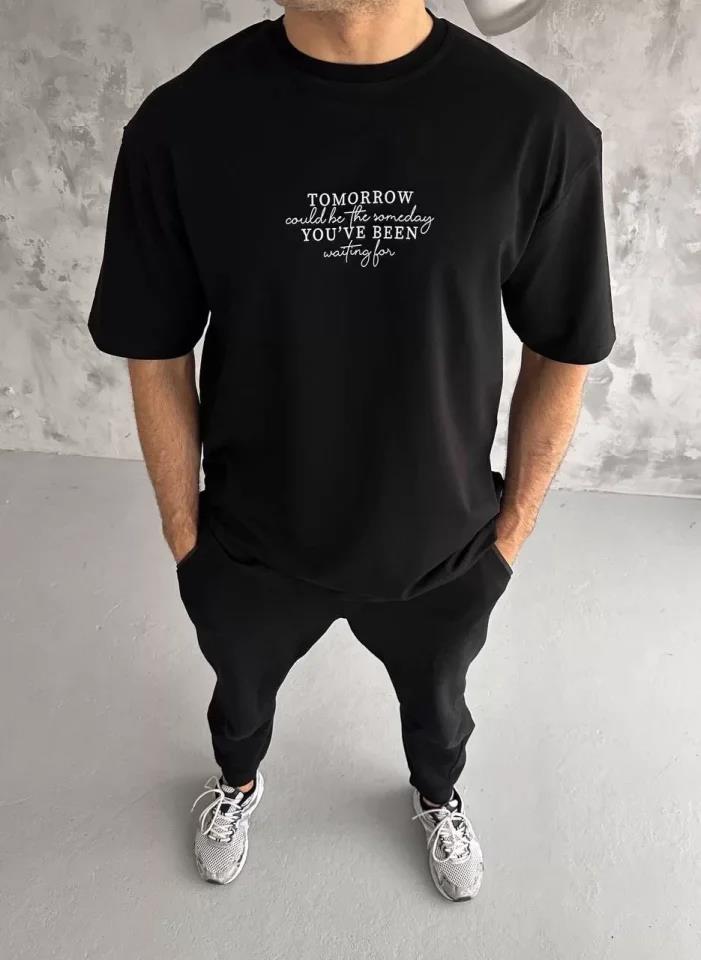 Unisex Bisiklet Yaka Baskılı Oversize T-Shirt - Beyaz