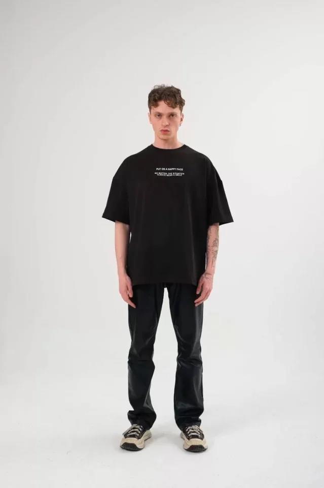 Unisex Bisiklet Yaka Baskılı Oversize T-Shirt - Beyaz