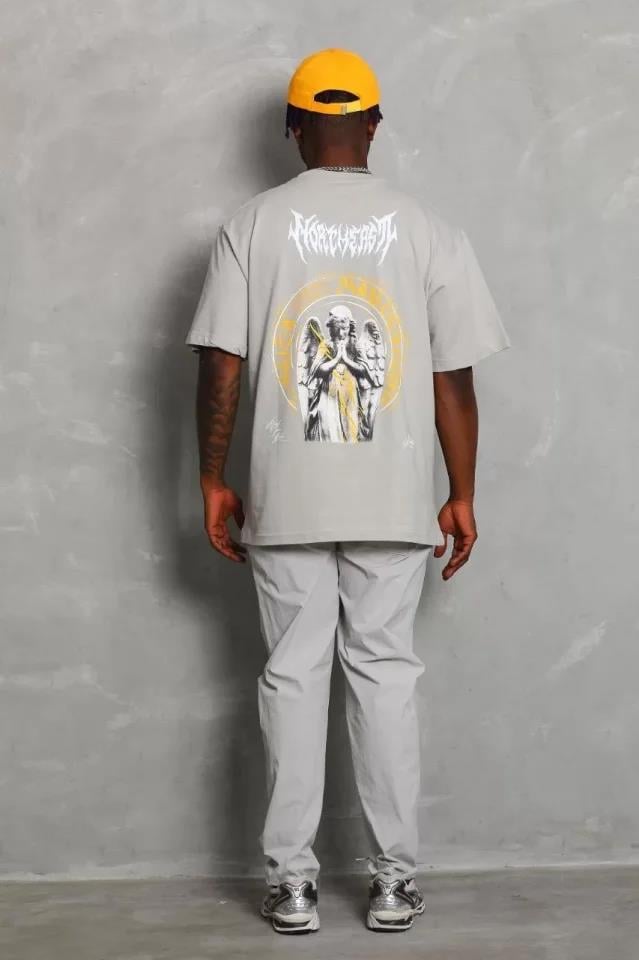 Unisex Oversize Baskılı Bisiklet Yaka T-Shirt - Siyah