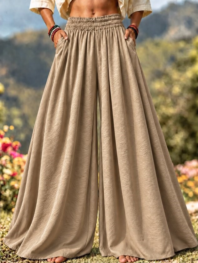 Yüksek Belli Lastikli Geniş Paçalı Etek Pantolon