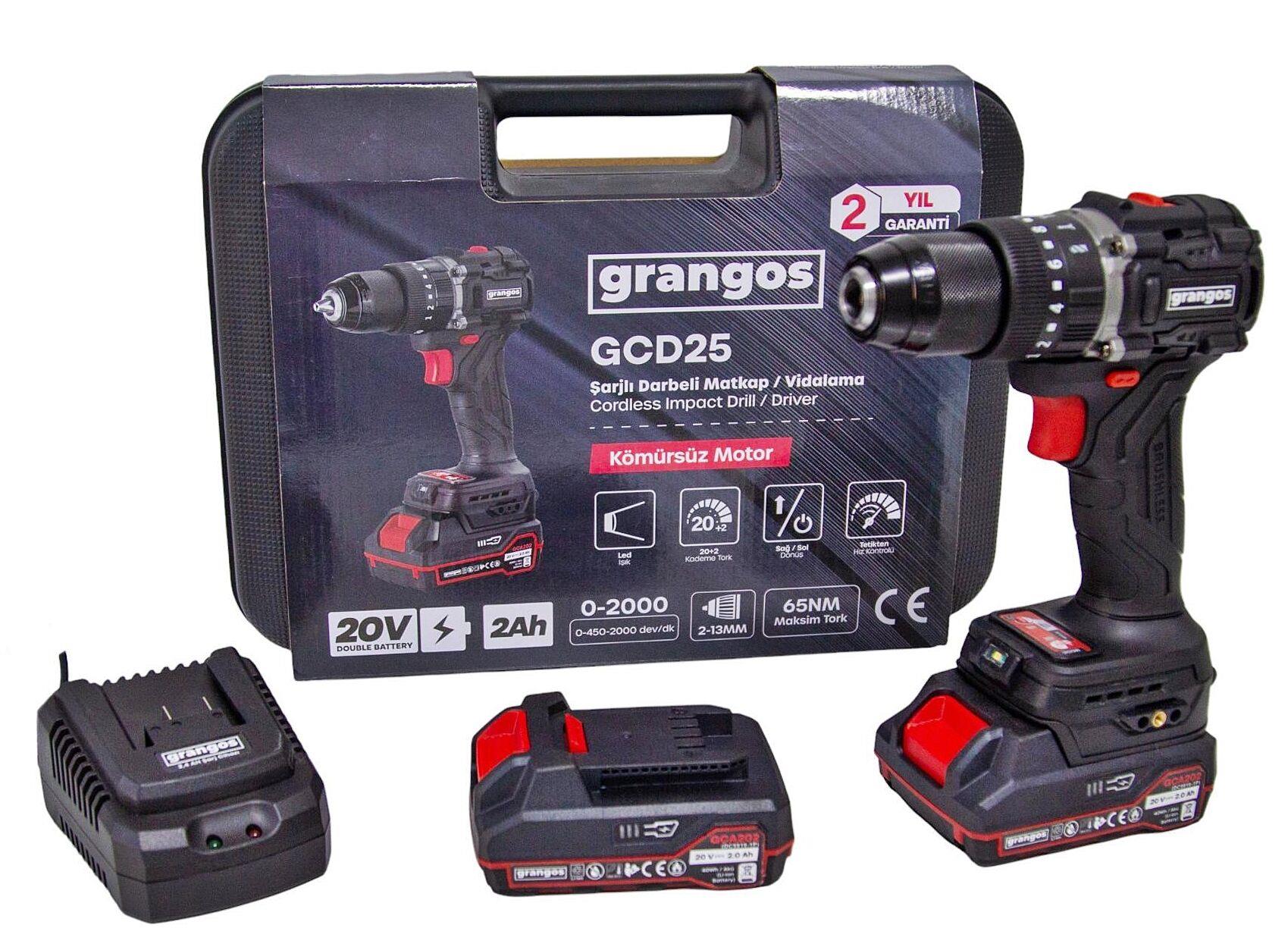 Grangos GCD25-T2 20V 2 Ah Çift Akülü Darbeli Matkap