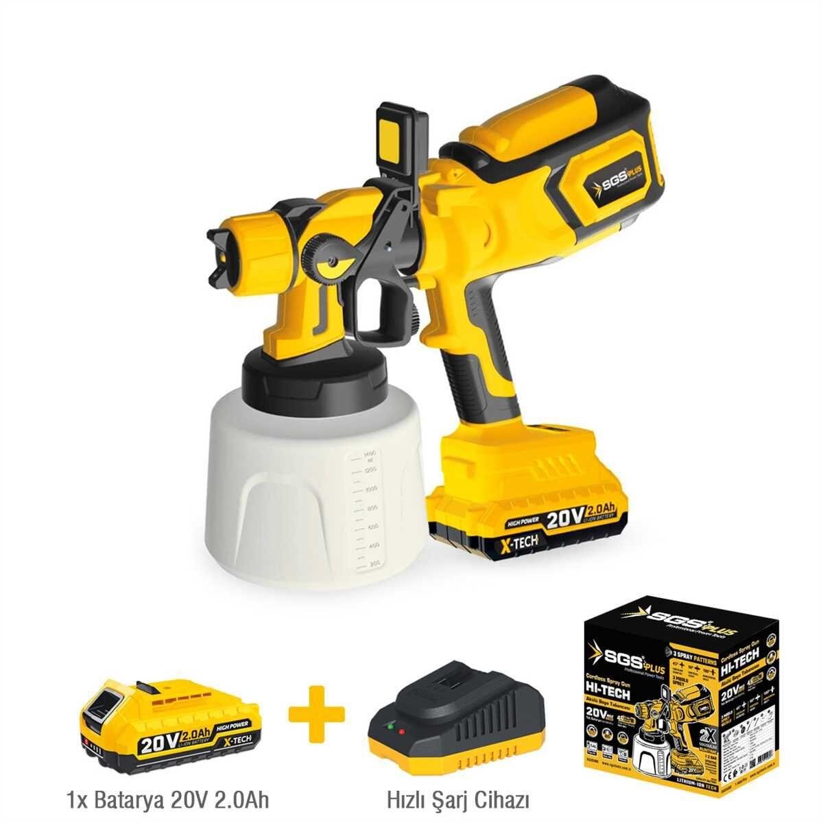 SGS SGS5460 20V Akülü Boya Tabancası – 1×2.0Ah + 3 Nozullu Başlık
