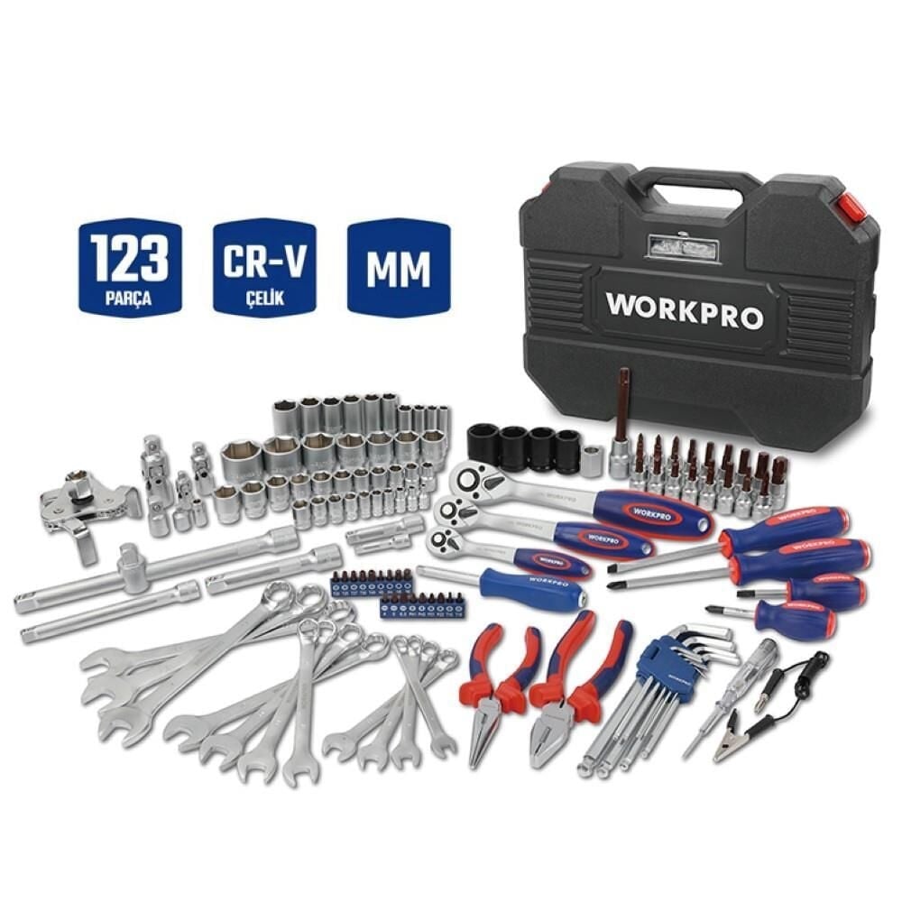 WORKPRO WP202533 1/4'’ 3/8’’ 1/2'’ 123 Parça Cr-V Metrik Ağır Hizmet Lokma ve Kombine Anahtar Takımı