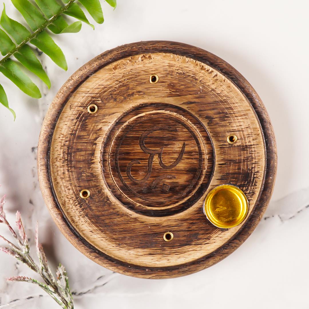 Aum Temalı Yuvarlak Ahşap Konik Tütsülük