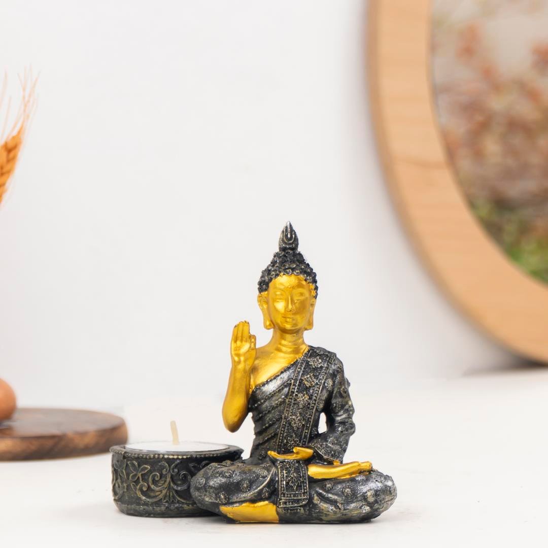 Buddha  Temalı Gold Siyah Tealight Mumluk