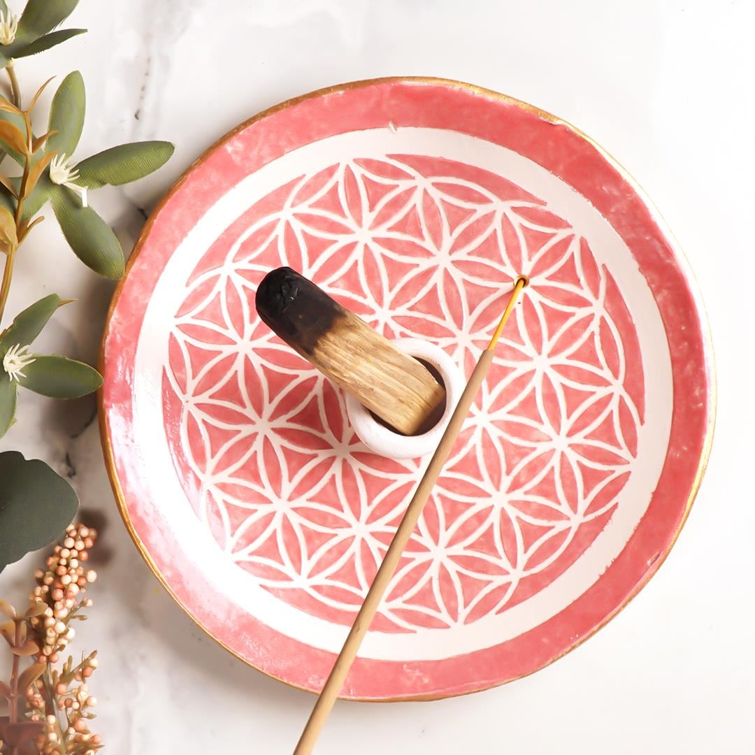 Handmade Yaşam Çiçeği Motifli Kırmızı Palo Santo Tütsülük