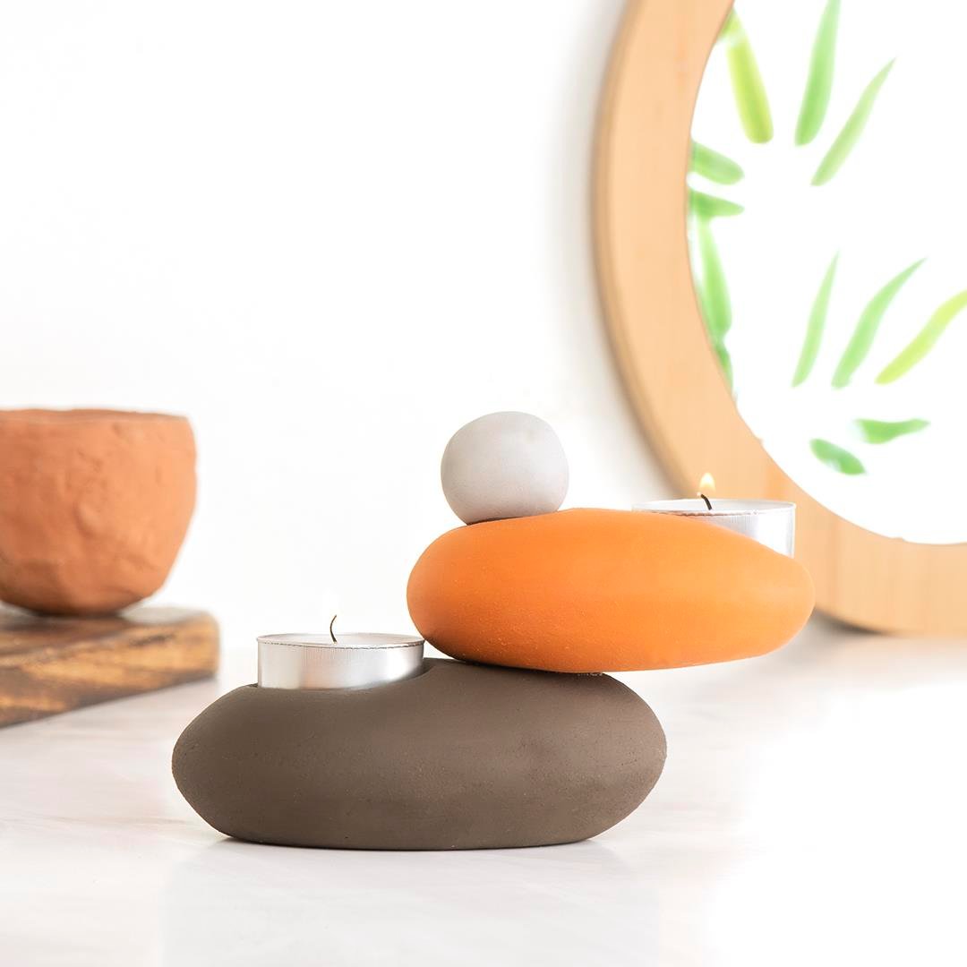 Mitr Özel Tasarım El Yapımı Kahverengi 2'li Tealight Mumluk