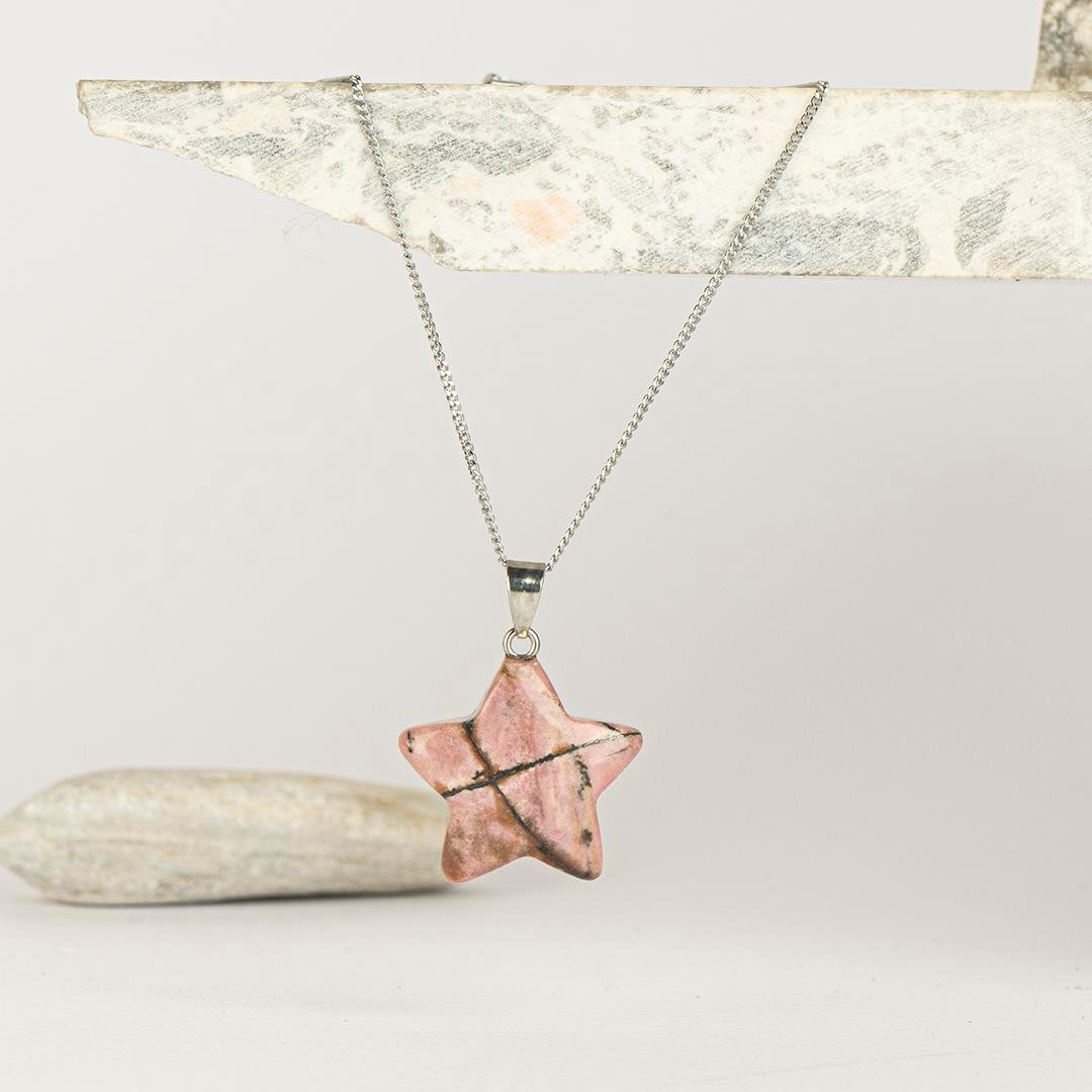 Rodonit Yıldız Temalı Dogal Taş Kolye