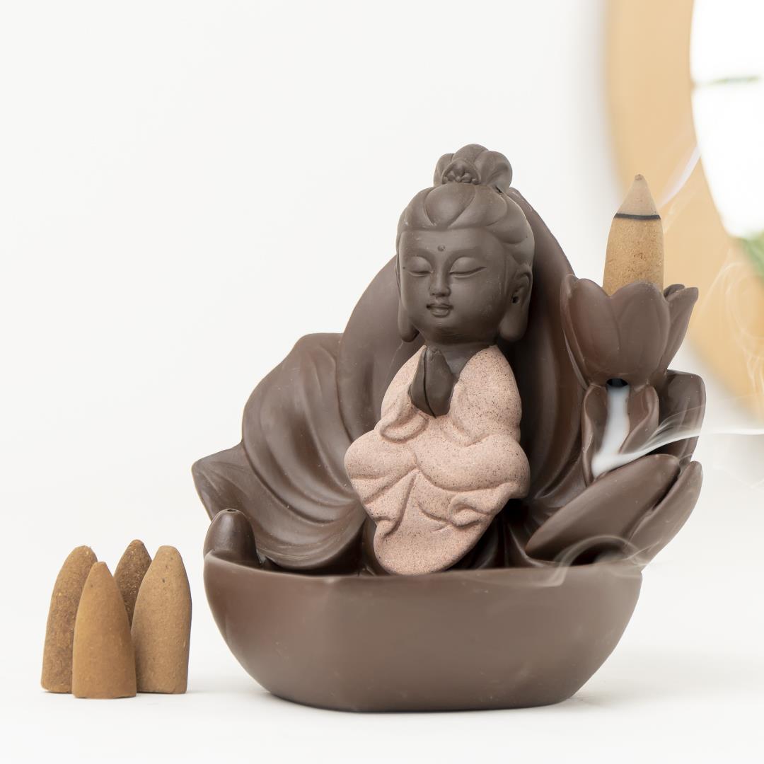 Zen Oturan Buddha Geri Akışlı Şelale Tütsülük (Kahve)