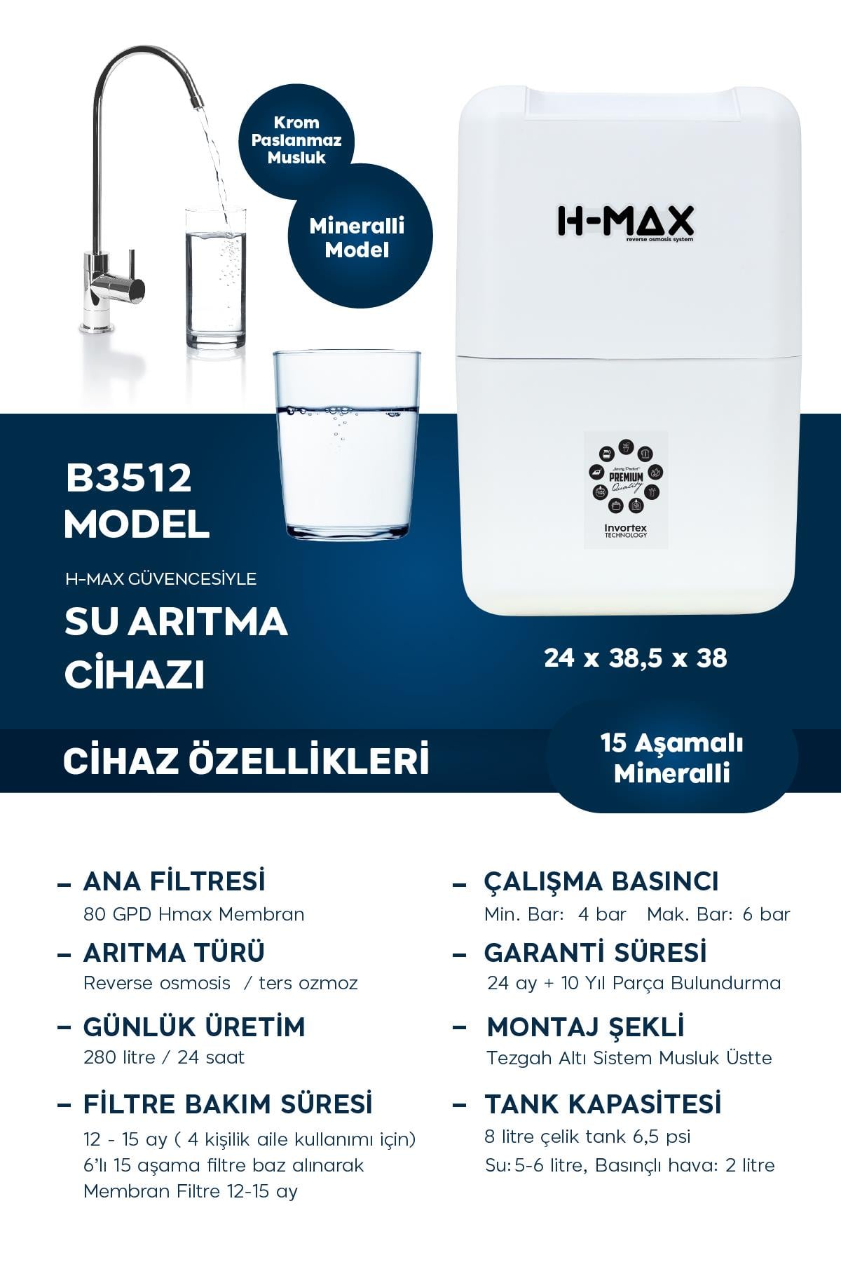 8 Litre Çelik Tanklı 15 Aşama Multi Mineralli 80 GPD Su Arıtma Cihazı HMAXB3512