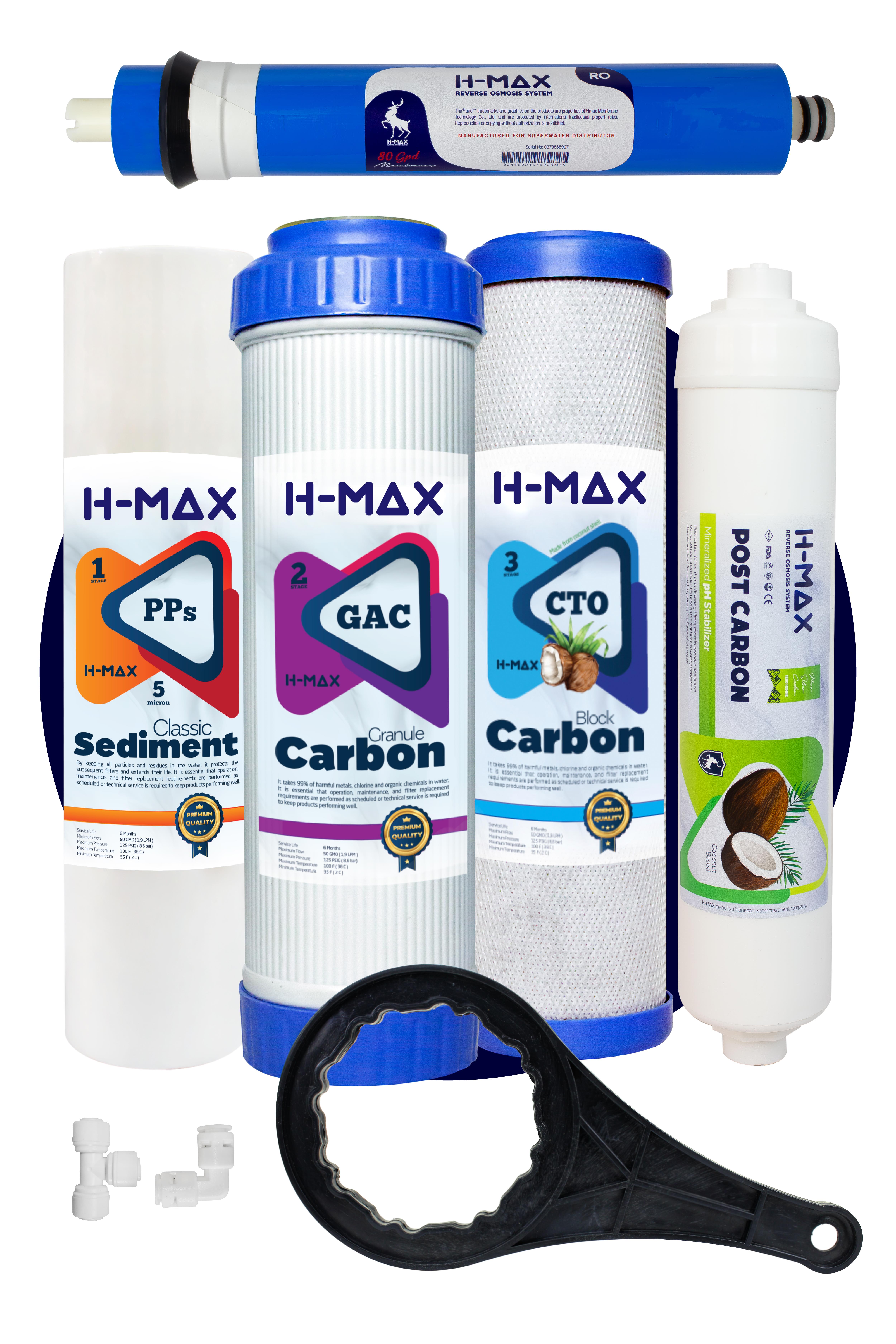 H-max 80 GPD HMAX Membranlı Açık Kasa Su Arıtma Çift Karbonlu 5'li Filtre Seti - 0036
