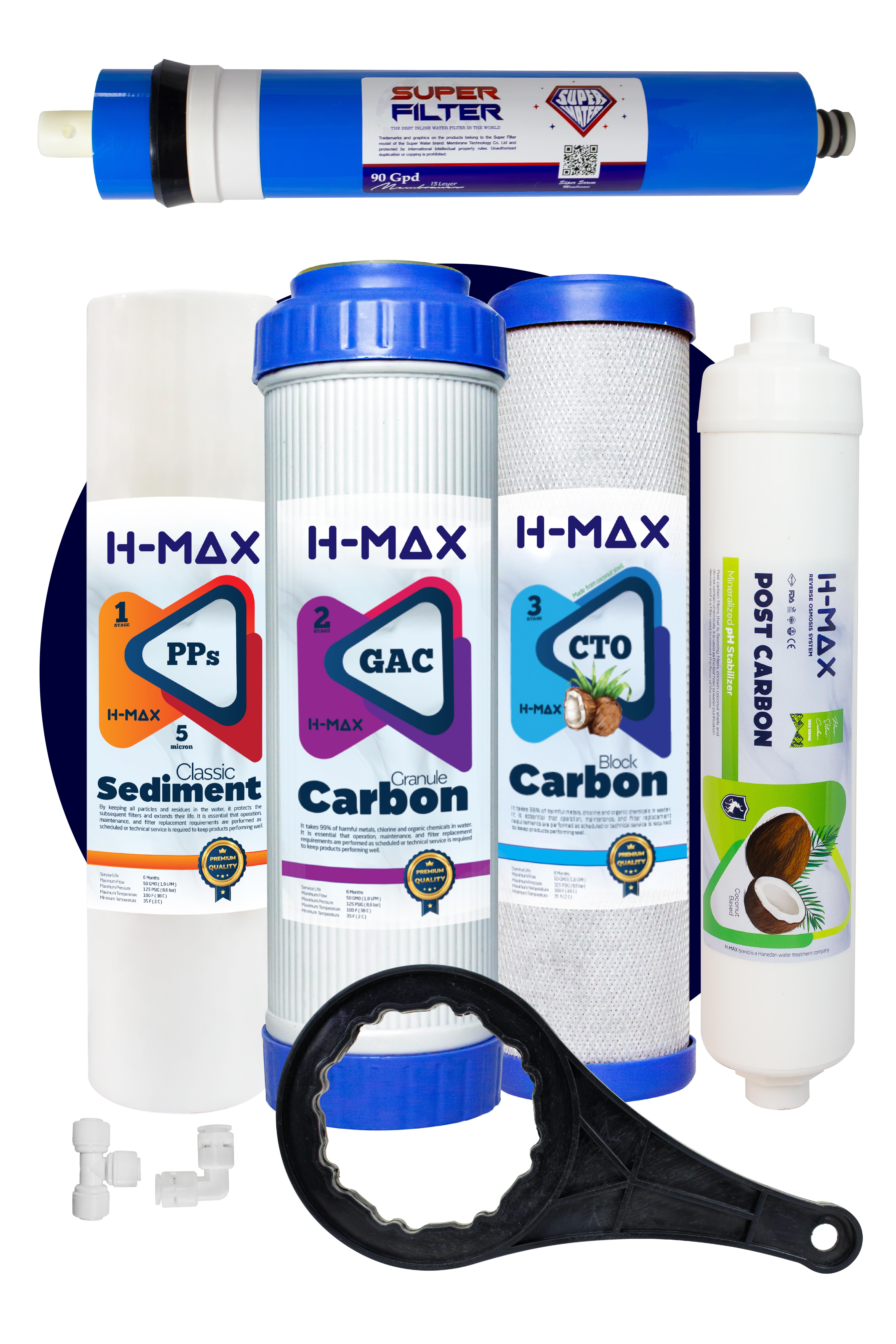 H-max 90 GPD Süper Membranlı Açık Kasa Su Arıtma Çift Karbonlu 5'li Filtre Seti - 0037