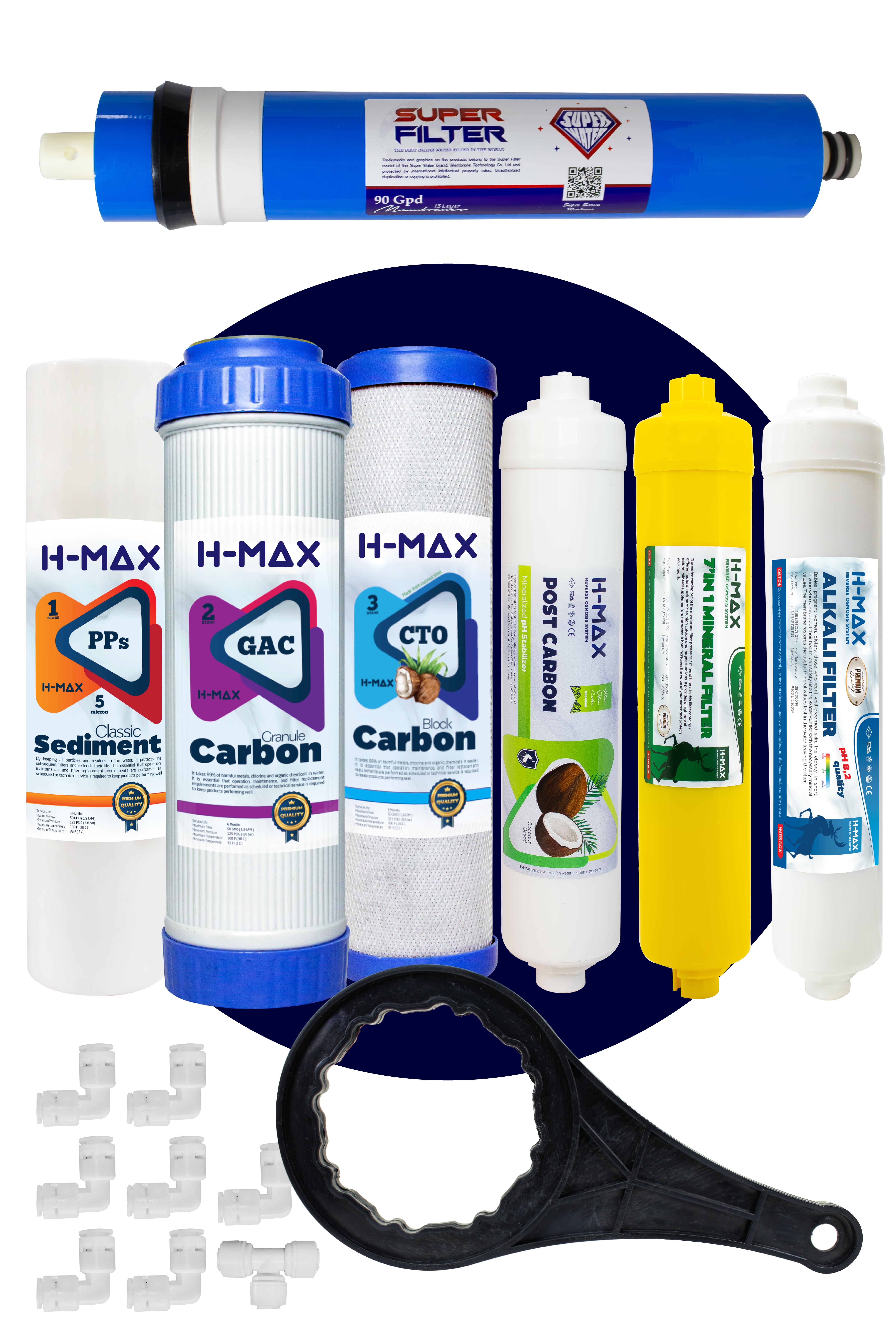 H-max 90 GPD Süper Membranlı Açık Kasa Su Arıtma Çift Karbonlu 8'li Filtre Seti - 0046
