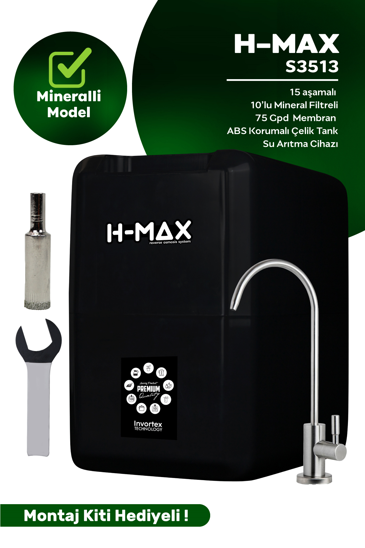 Hmax S3513MK Arıtma cihazı 80 Gpd Membranlı 8 LT Çelik tanklı