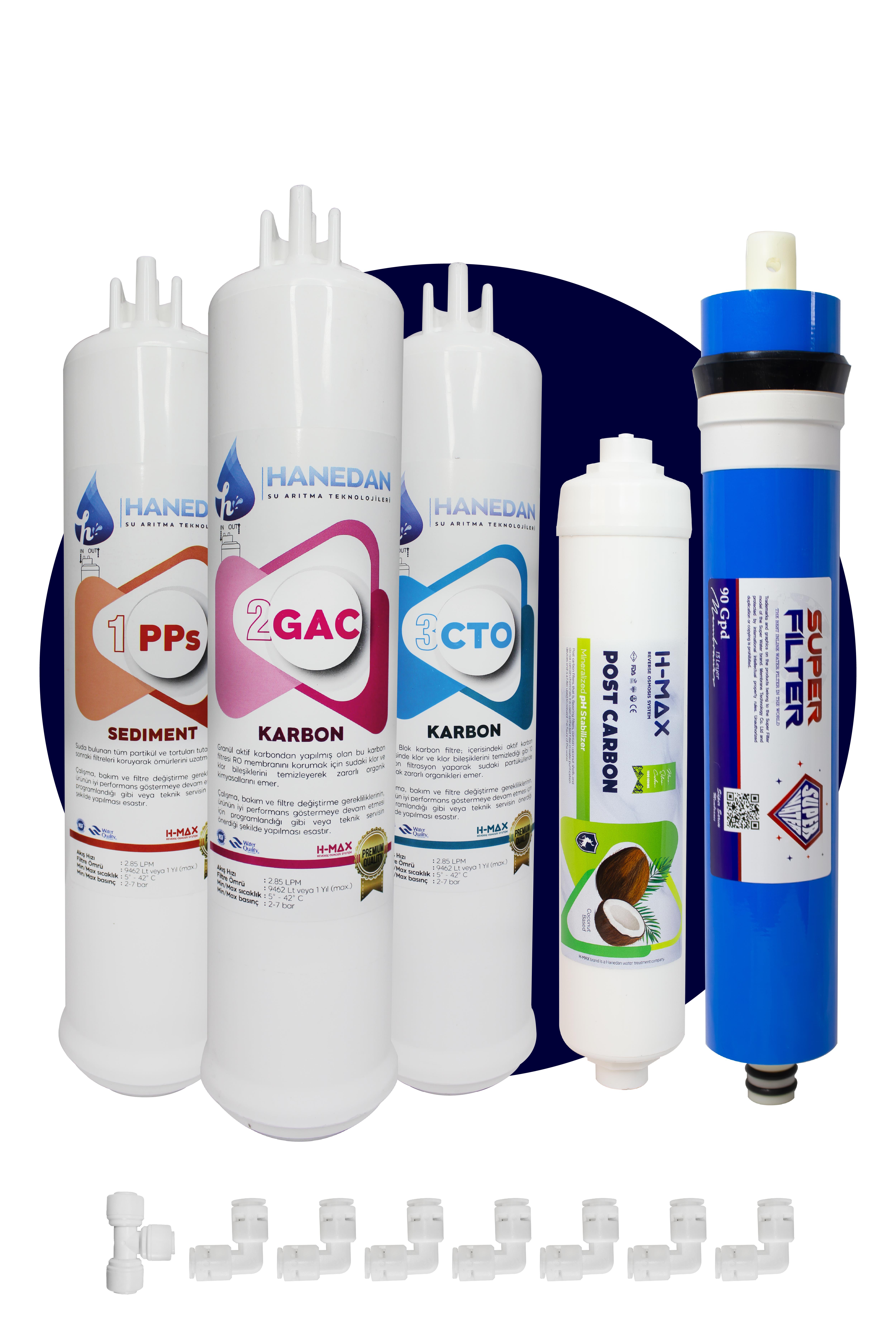 Üstten Giriş ve Çıkışlı, Çift Çubuklu Su Arıtma Cihazı Filtresi 90 Gpd H-MAX Membranlı 5'li Set