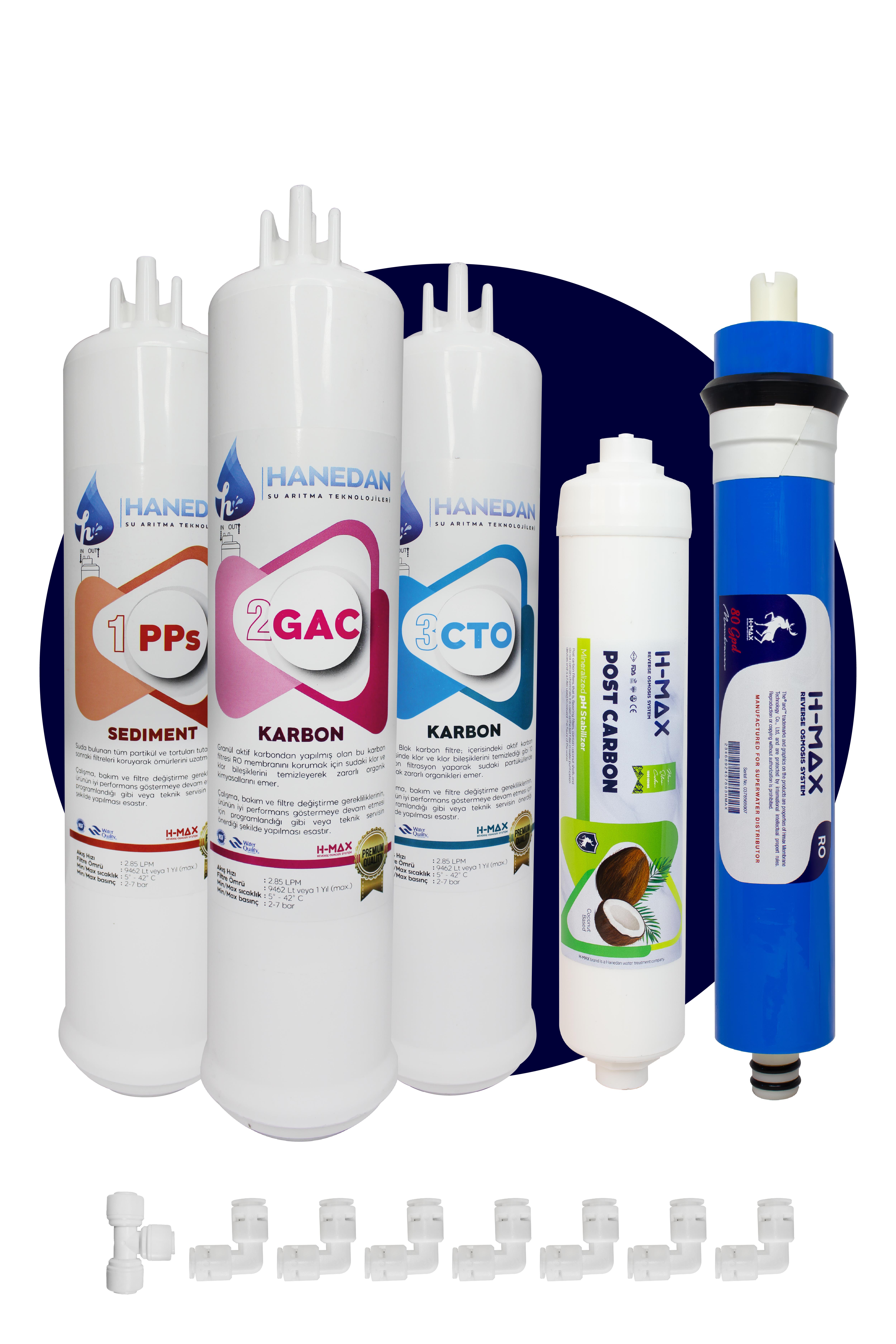 Üstten Giriş ve Çıkışlı, Çift Çubuklu Su Arıtma Cihazı Filtresi 80 Gpd H-MAX Membranlı 5'li Set