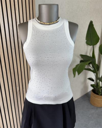 Beyaz taşlı halter yaka body