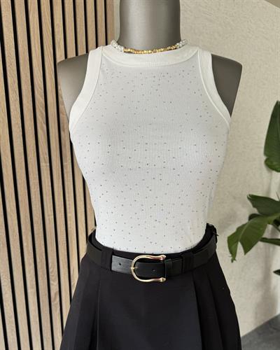 Beyaz taşlı halter yaka body