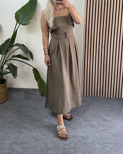 Haki Yeşili Madonna yaka tencel kumaş premium kalite kemerli uzun elbise