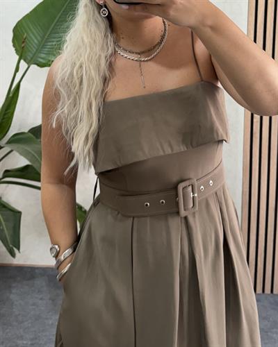 Haki Yeşili Madonna yaka tencel kumaş premium kalite kemerli uzun elbise