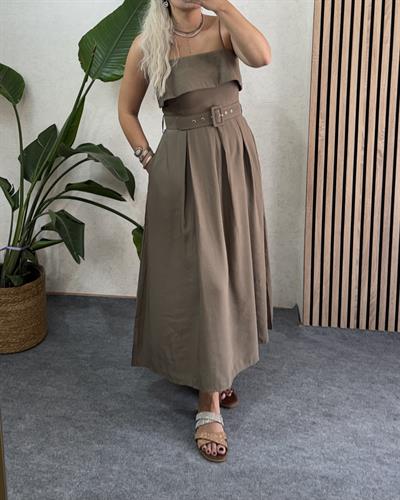 Haki Yeşili Madonna yaka tencel kumaş premium kalite kemerli uzun elbise