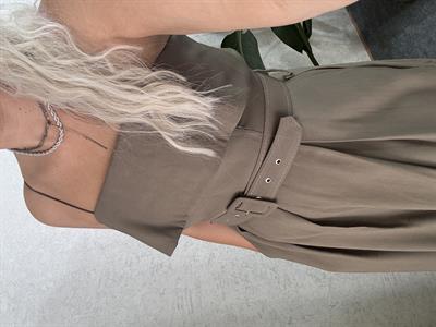 Haki Yeşili Madonna yaka tencel kumaş premium kalite kemerli uzun elbise