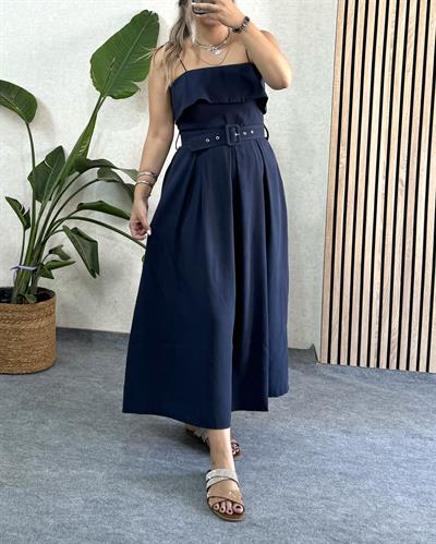 Lacivert Madonna yaka tencel kumaş premium kalite kemerli uzun elbise