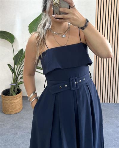 Lacivert Madonna yaka tencel kumaş premium kalite kemerli uzun elbise
