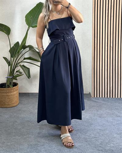 Lacivert Madonna yaka tencel kumaş premium kalite kemerli uzun elbise