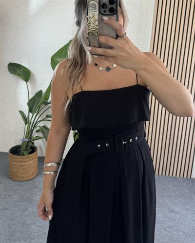 Siyah Madonna yaka tencel kumaş premium kalite kemerli uzun elbise