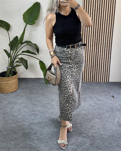 Orjinal marka premium seri likralı uzun koyu bej  midi boy leopar etek
