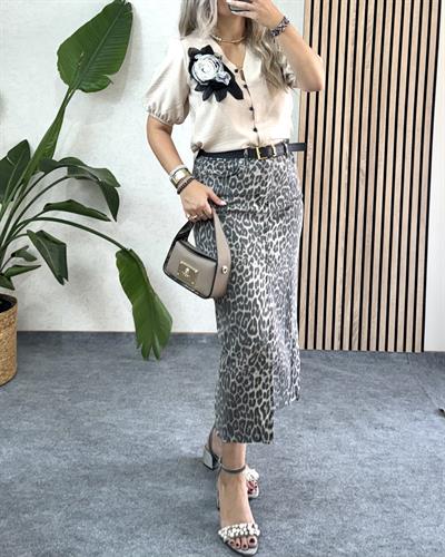 Orjinal marka premium seri likralı uzun koyu bej  midi boy leopar etek