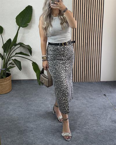 Orjinal marka premium seri likralı uzun koyu bej  midi boy leopar etek
