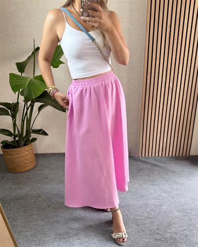 Pembe keten pamuklu kloş bilek boy cepli etek